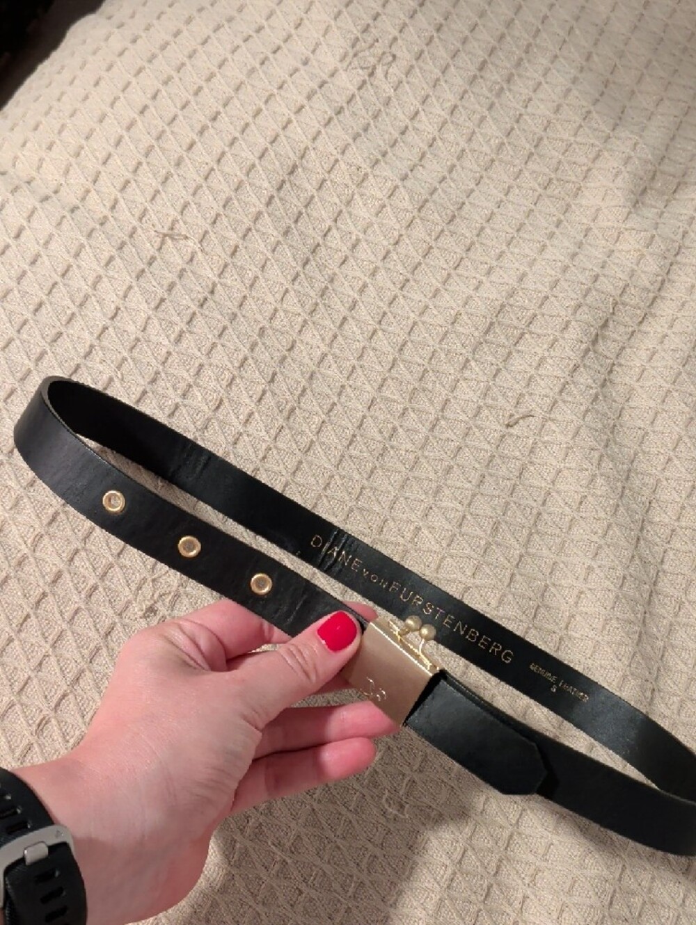 Diane von Furstenberg Black Leather Belt with Gold Kiss-Lock Buckle, size S